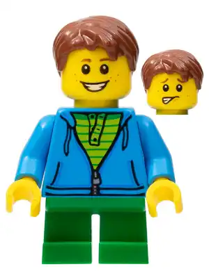 LEGO LLP007 LEGOLAND Park Boy with Reddish Brown Hair, Hoodie with Zipper over Lime and Green Striped Shirt and Green Legs