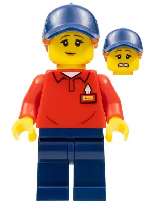 LEGO LLP011 LEGOLAND Park Worker Female with Dark Blue Hat and Dark Orange Ponytail, Red Polo Shirt with LEGOLAND on Back and Dark Blue Legs