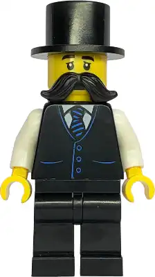 LEGO bdp294 Gold Mine Wagon Driver - Male, Black Vest with Blue Striped Tie, Black Legs, Black Top Hat, Large Moustache