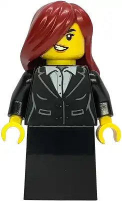 LEGO bdp302 Gold Mine Bandit - Female, Black Suit Jacket with White Button Up Shirt, Black Lower Body Skirt, Dark Red Side Swept Hair