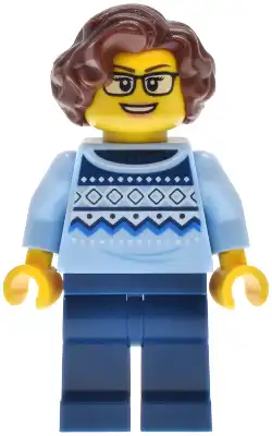 LEGO bdp228 Antique Shop - Female, Bright Light Blue Knit Fair Isle Sweater, Dark Blue Legs, Reddish Brown Wavy Hair
